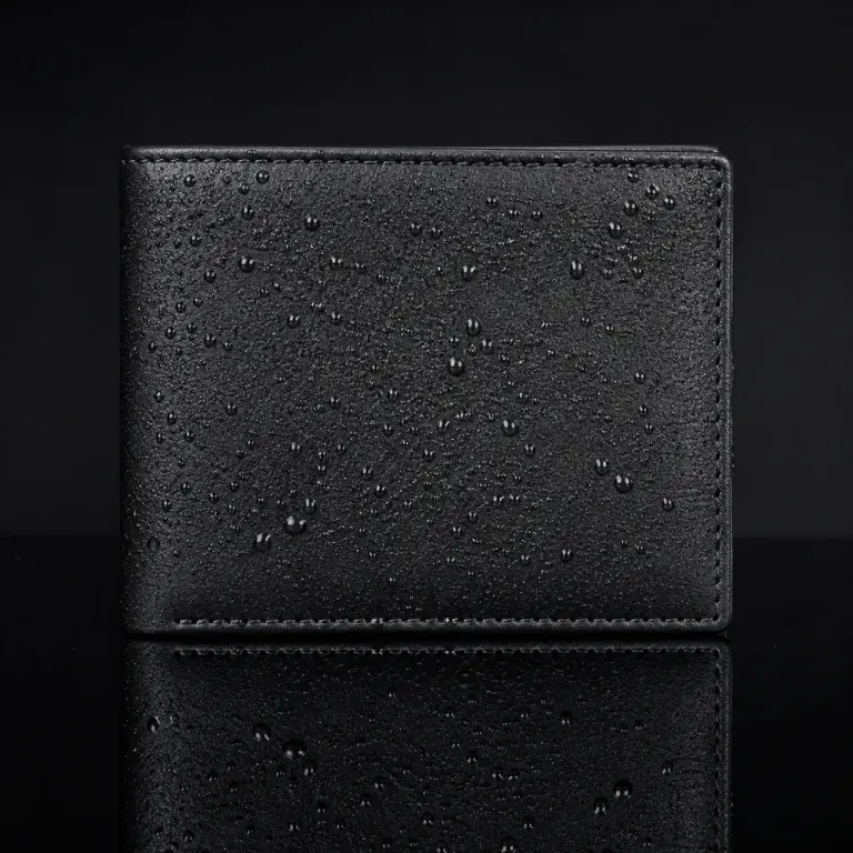 Matte black leather wallet with water droplets and a sharp reflection on black acrylic