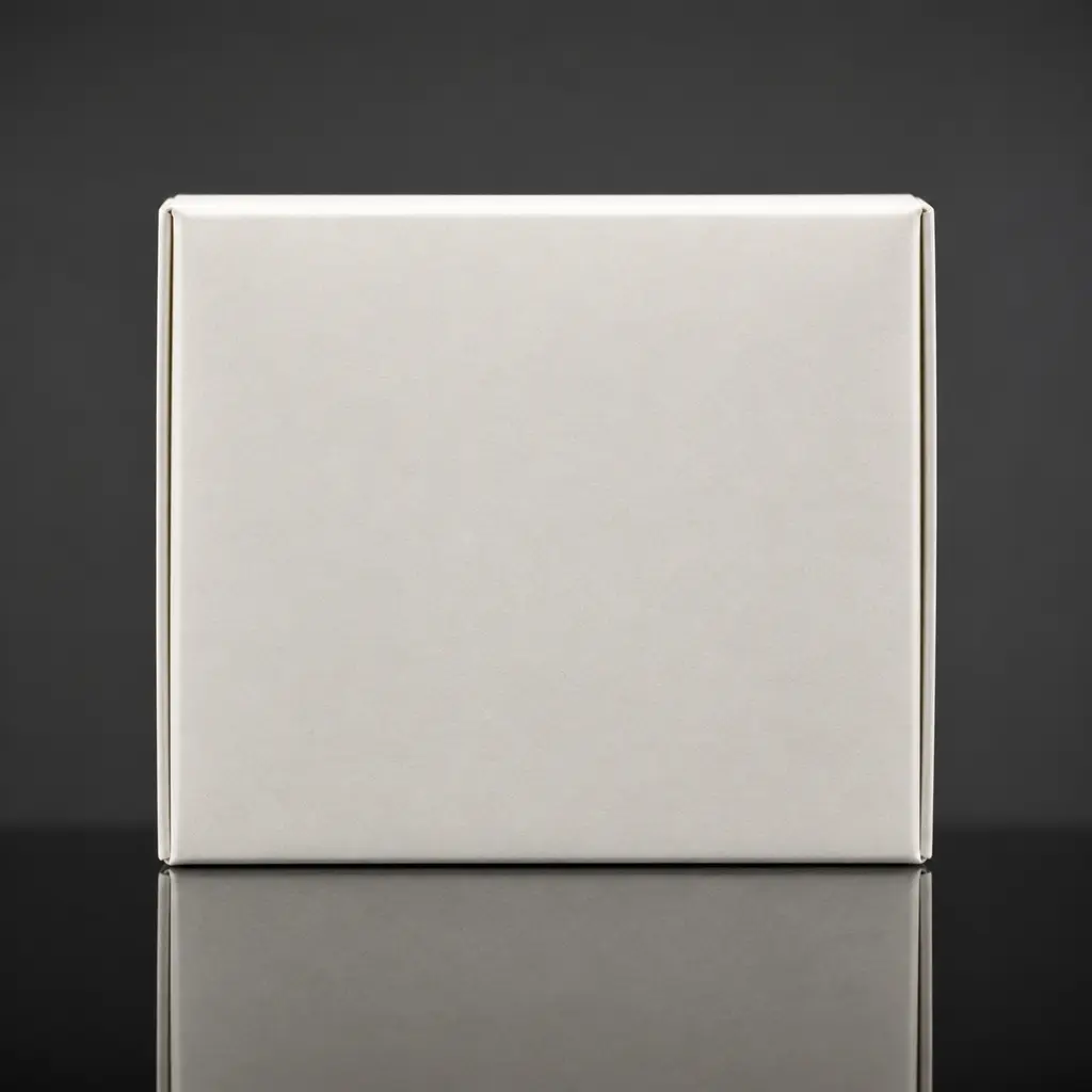 Blank off-white matte paper packaging box reflected sharply on glossy black acrylic in a minimal studio