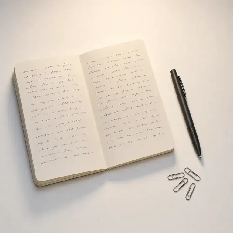 Open notebook with abstract writing, charcoal pen, and silver paper clips arranged under warm lamp light on a matte white desk