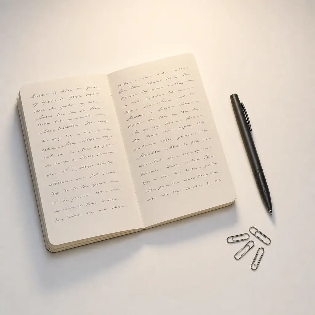 Open notebook with abstract writing, charcoal pen, and silver paper clips arranged under warm lamp light on a matte white desk