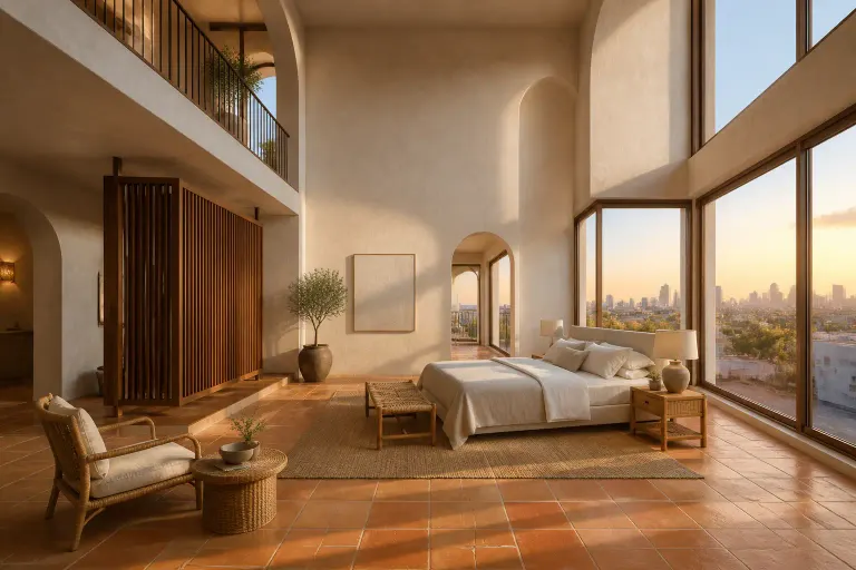 Double-height Mediterranean penthouse bedroom with terracotta floors, corner skyline glass, and a floating wood partition