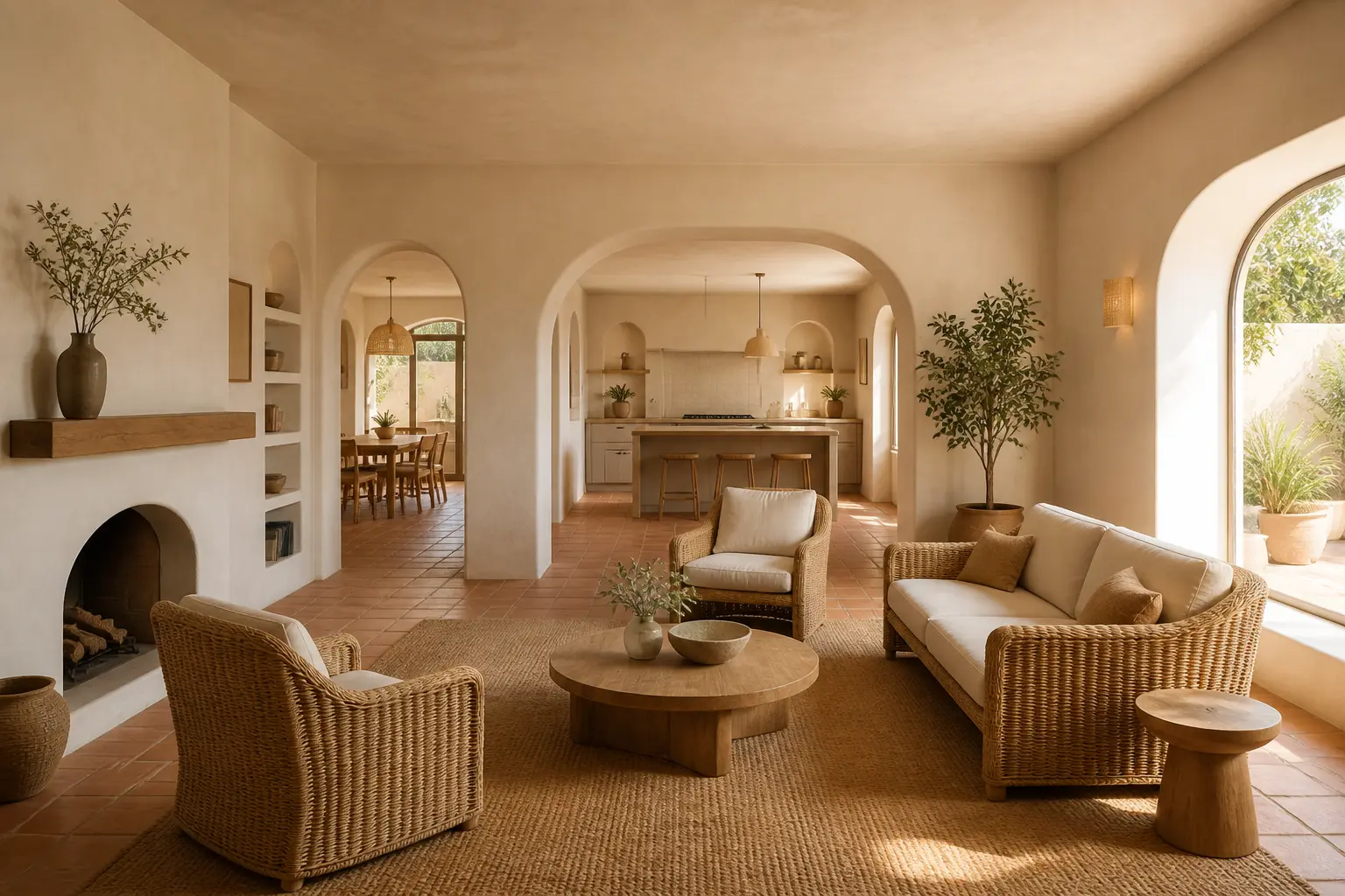 Empty Mediterranean living room with plaster arches, terracotta floor, and rattan furniture glowing at golden hour