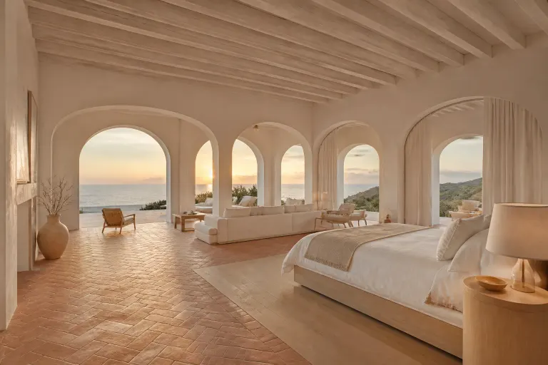 Unoccupied Mediterranean clifftop bedroom suite with repeated arches, terracotta floor, white linen, lounge seating, and sea horizon at golden hour