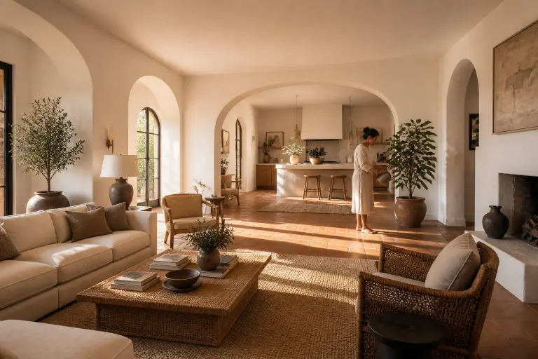 Large Mediterranean living room with arches and a woman watering a plant near the open kitchen