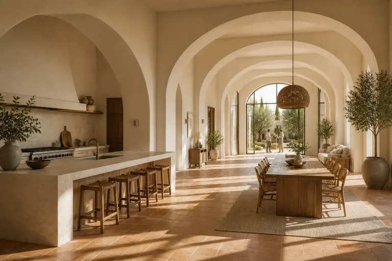 Grand Mediterranean kitchen and dining hall with repeating plaster arches, terracotta floor and a couple moving a plant near the courtyard
