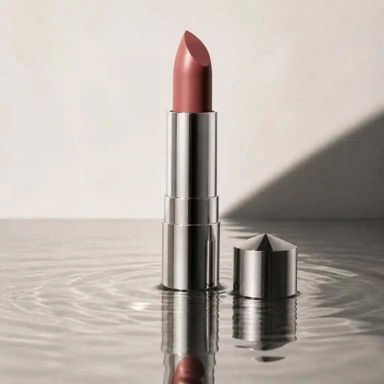 Reflective metal lipstick standing in shallow rippled water beside a small metal prop under a hard spotlight
