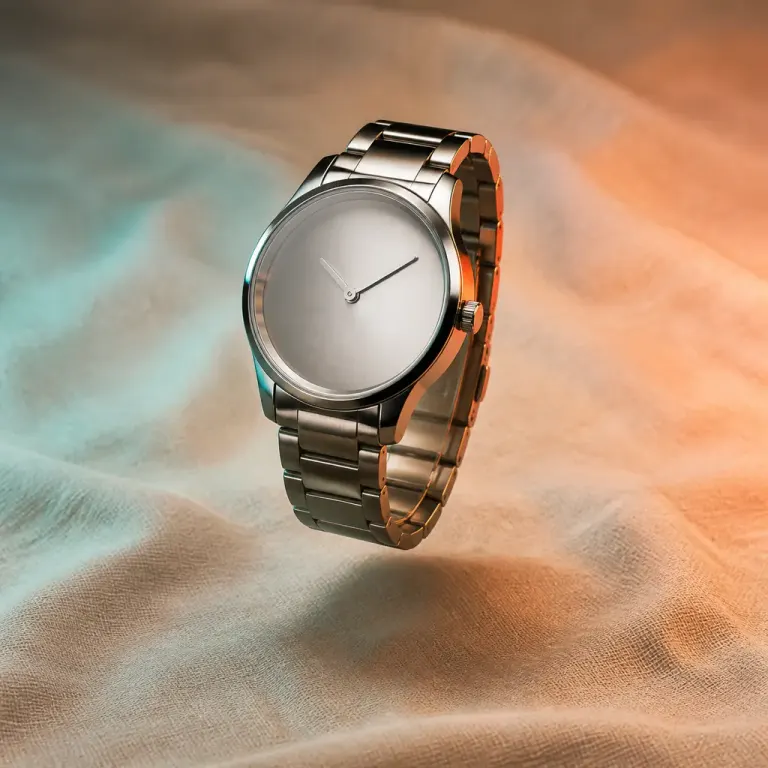 Brandless metal wristwatch hovering above wrinkled linen under teal and orange gel lights