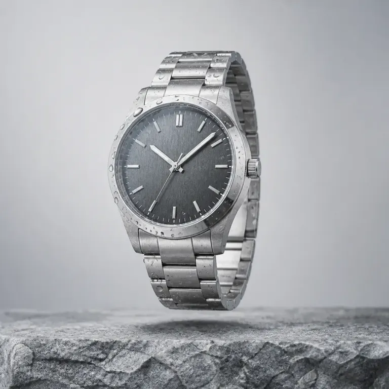 Silver wristwatch with condensation floating above a rough cool-gray stone slab and aligned shadow
