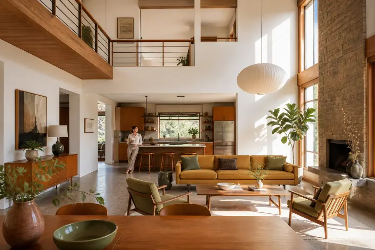 Double-height mid-century modern living room with teak furniture, mustard accents, and a woman by the kitchen island