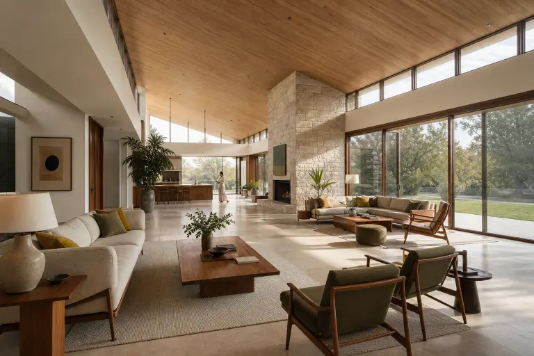 Mansion-scale midcentury living room with clerestory windows, two seating areas and a distant open kitchen