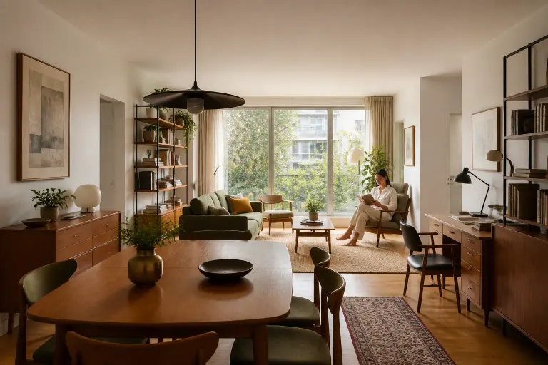 Mid-century apartment home office viewed from the dining table with a woman reading in an armchair