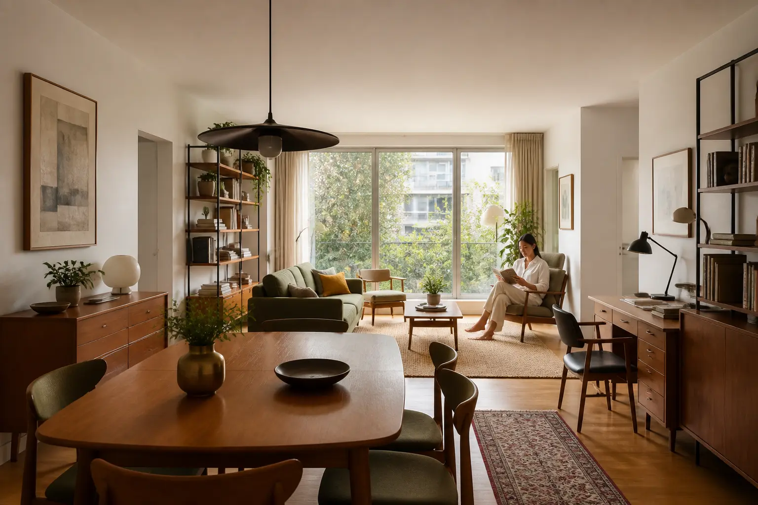 Mid-century apartment home office viewed from the dining table with a woman reading in an armchair