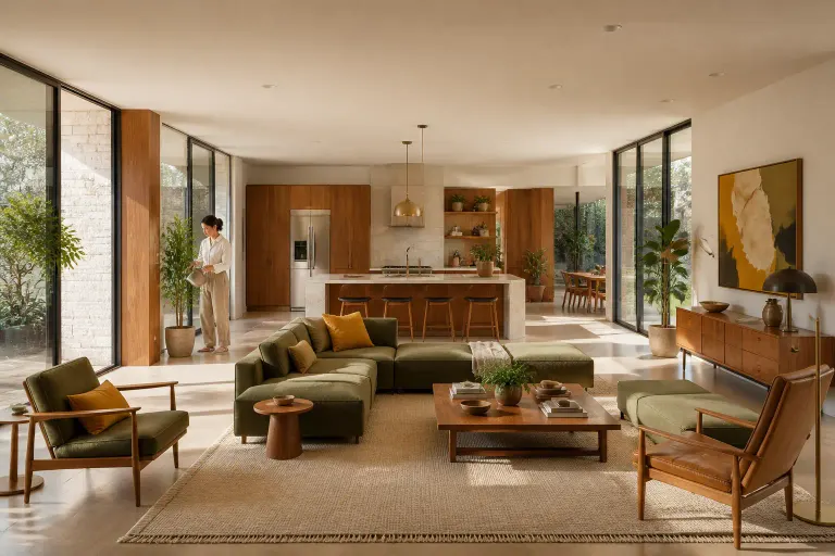 Large mid-century modern living room facing an open kitchen with a woman watering a plant