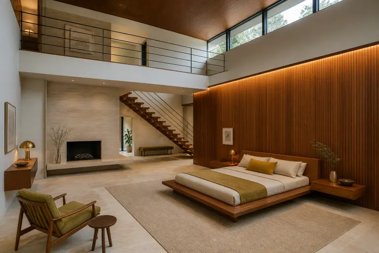 Double-height mid-century modern bedroom with teak slat wall, low platform bed, clerestory windows, fireplace, and mezzanine stair