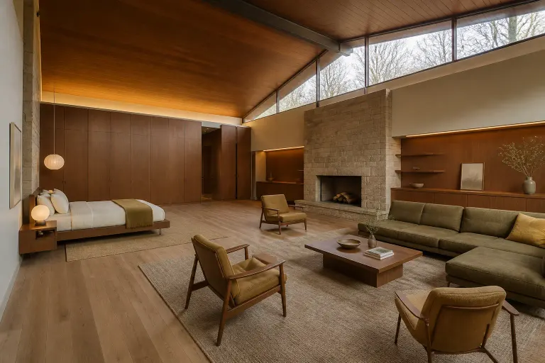 Expansive midcentury modern bedroom suite with sloped clerestory ceiling, teak walls, stone fireplace, low bed, and spacious lounge seating