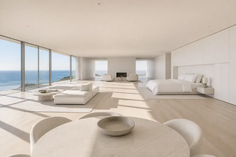 Vast minimal white clifftop bedroom with ocean windows, a king bed, and two spacious seating zones