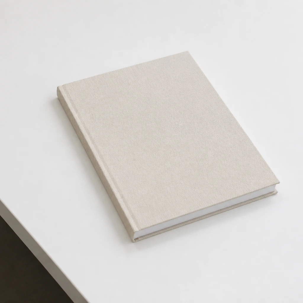 Closed clothbound notebook on a matte white desk in even overcast light