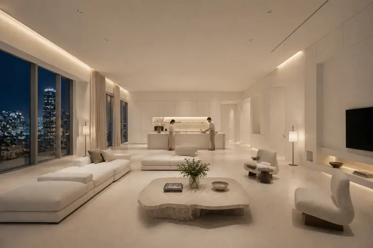 Vast minimalist white living room at evening with an adult couple preparing coffee at a distant island