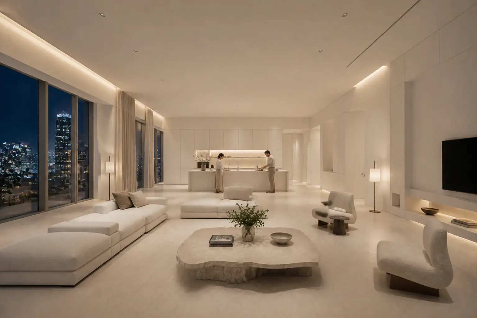 Vast minimalist white living room at evening with an adult couple preparing coffee at a distant island