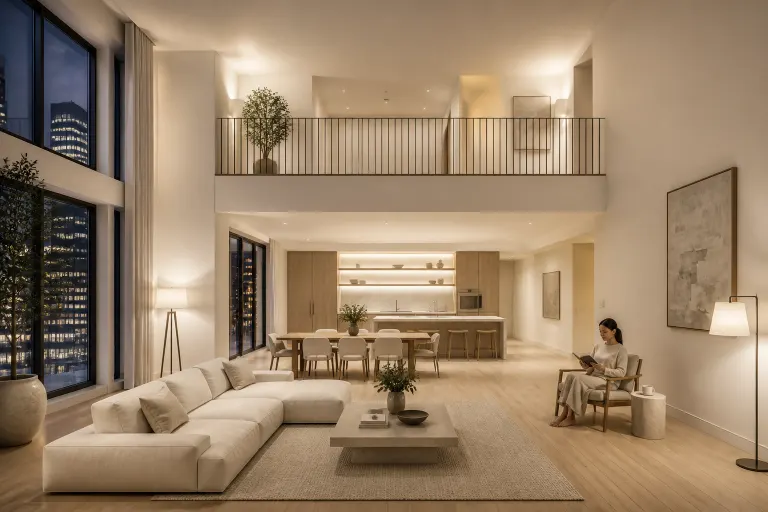 Symmetrical minimal white duplex kitchen and dining room with warm evening lighting and an adult reading in an armchair
