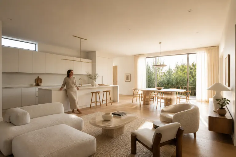 Large minimal white open-plan kitchen and dining room with pale oak floors and a woman leaning on the island at golden hour