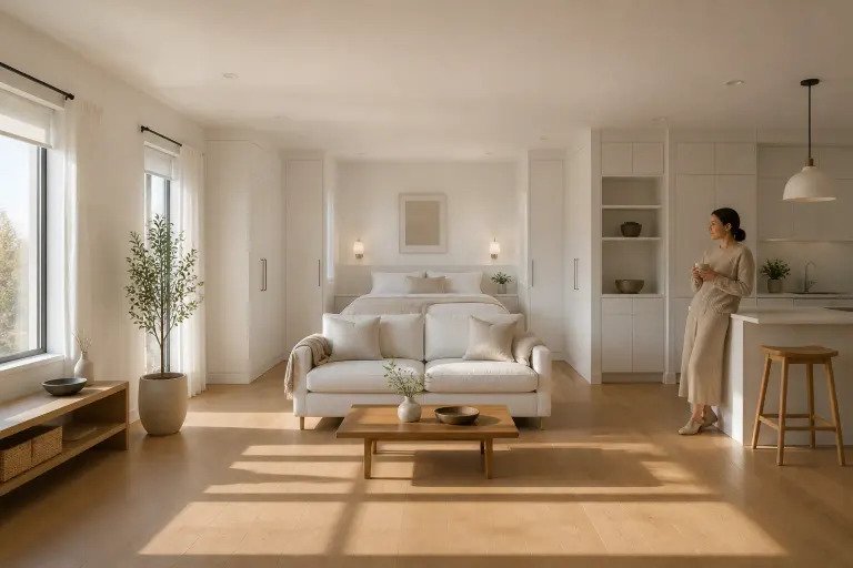 Compact minimal white studio bedroom with low sofa, centered bed, small kitchen island, and long window shadows