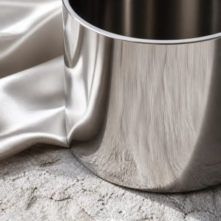 Extreme close-up of a mirror stainless steel tumbler reflecting pale silk on a rough light gray stone slab
