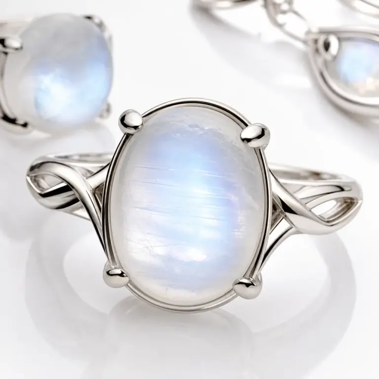 Extreme macro moonstone ring on white acrylic with blue-white adularescence and matching jewelry pieces