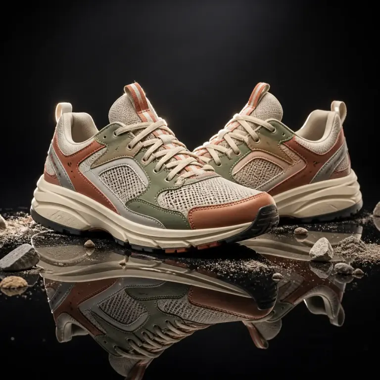 Pair of rust, sage, and cream athletic sneakers rim-lit above a sharp black acrylic reflection
