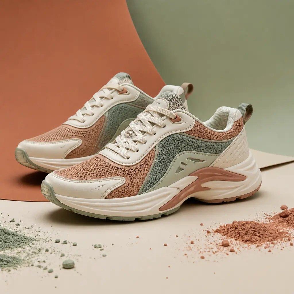Pair of multicolor mesh sneakers on muted terracotta sage and cream paper with scattered powder
