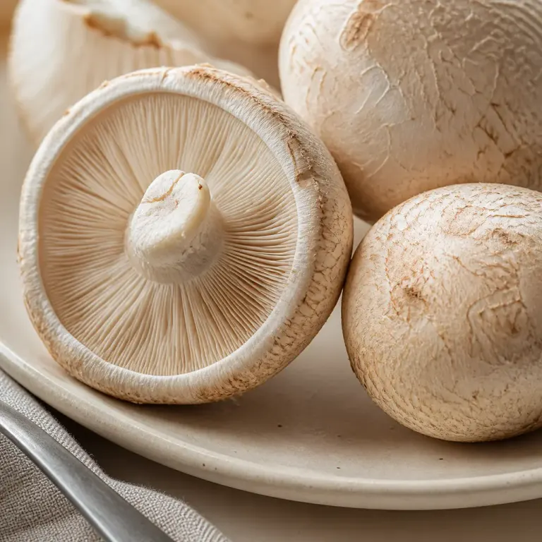 Macro close-up of fresh mushroom gills on a beige ceramic plate in cool morning light
