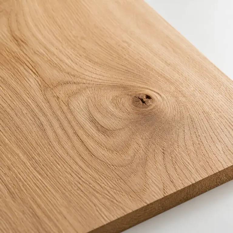 Natural unfinished wood board with growth rings and one knot in 45-degree side light