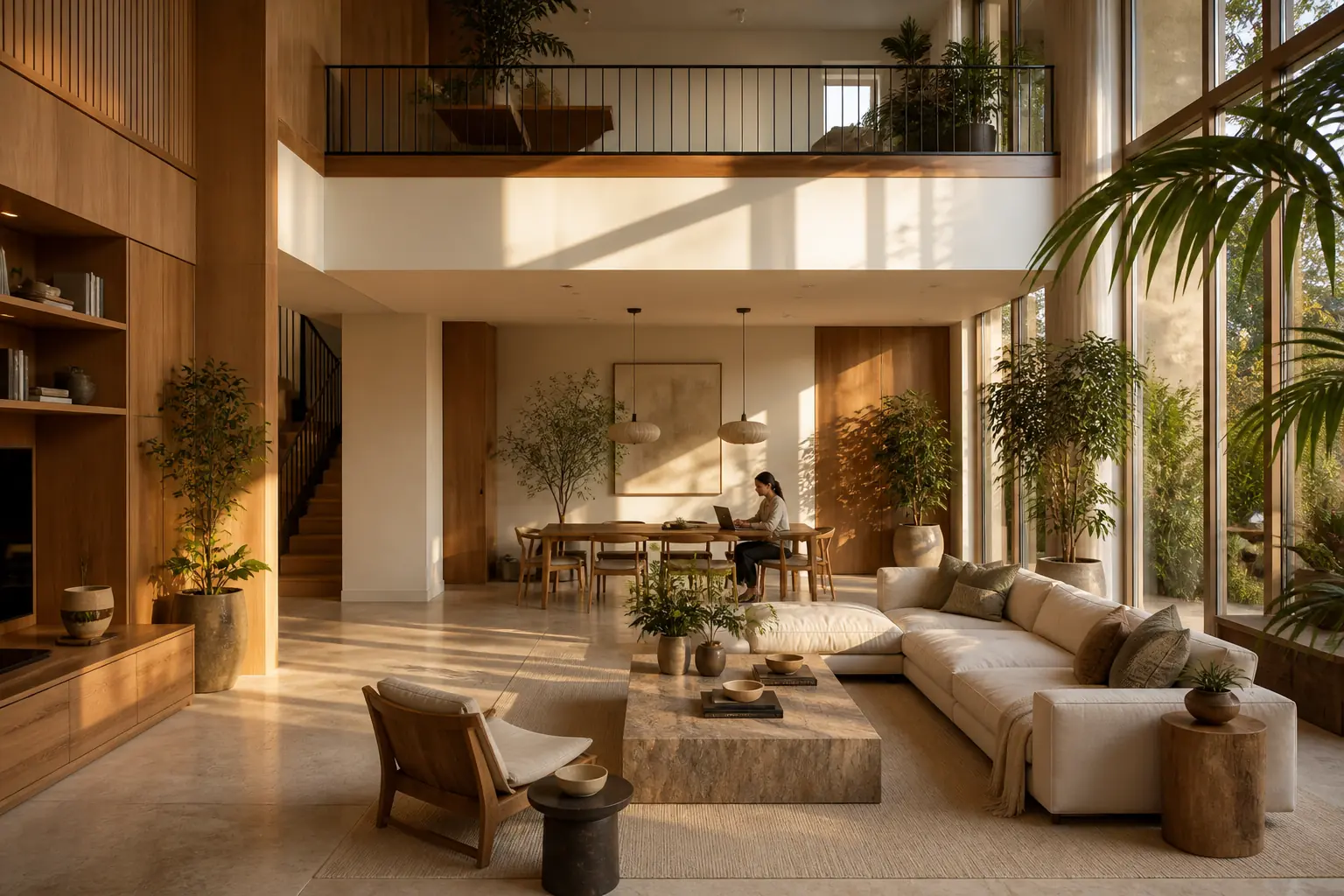 Double-height oak-paneled living and dining room with linen seating, stone table, plants, upper railing, and a woman working at golden hour