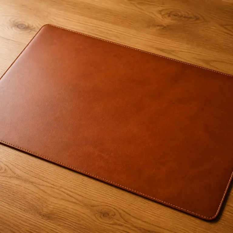 Empty cognac leather desk mat on honey-oak wood with raking side light