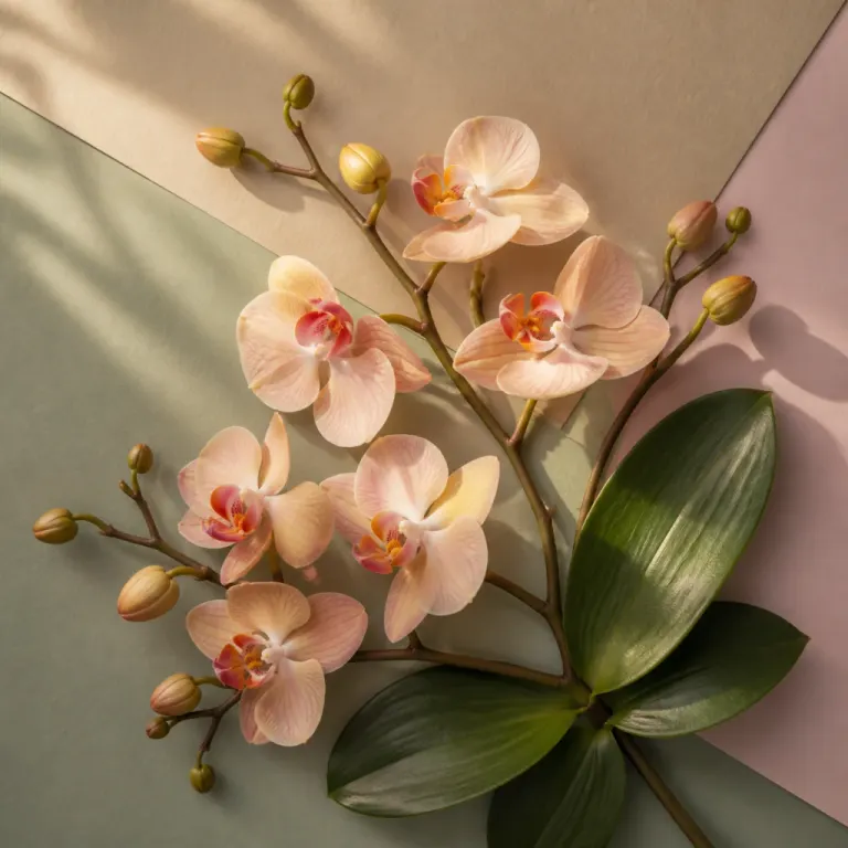 Top-down orchid branches and green leaves on muted sage, sand, and pale blush paper in warm golden light