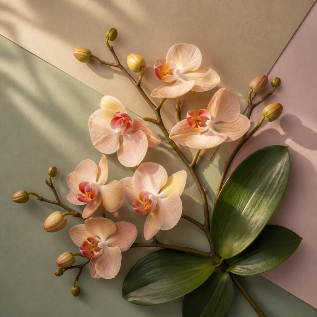 Top-down orchid branches and green leaves on muted sage, sand, and pale blush paper in warm golden light