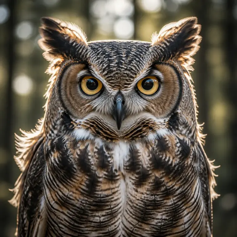 Front-facing owl with wind-lifted layered feathers, bright rim light, and catchlights against a blurred forest