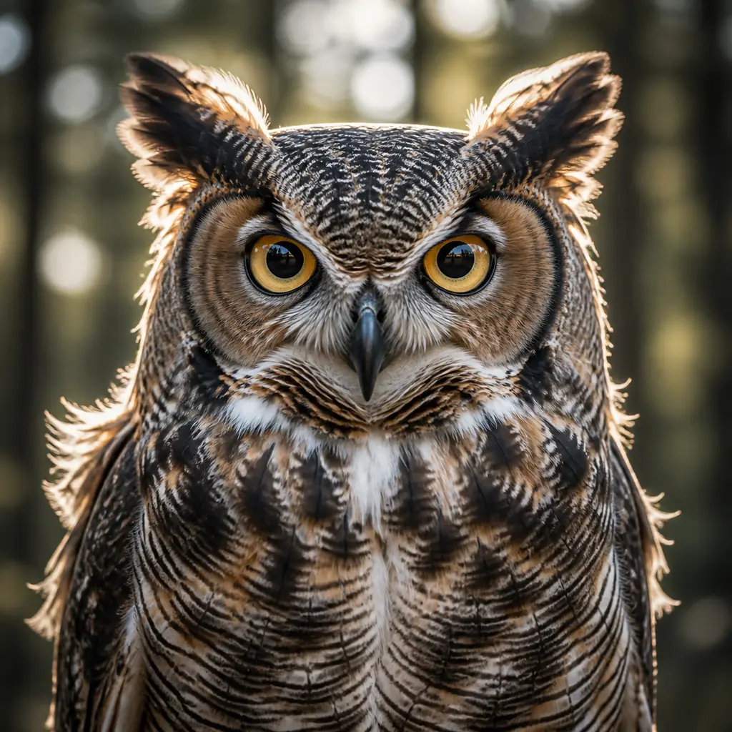 Front-facing owl with wind-lifted layered feathers, bright rim light, and catchlights against a blurred forest