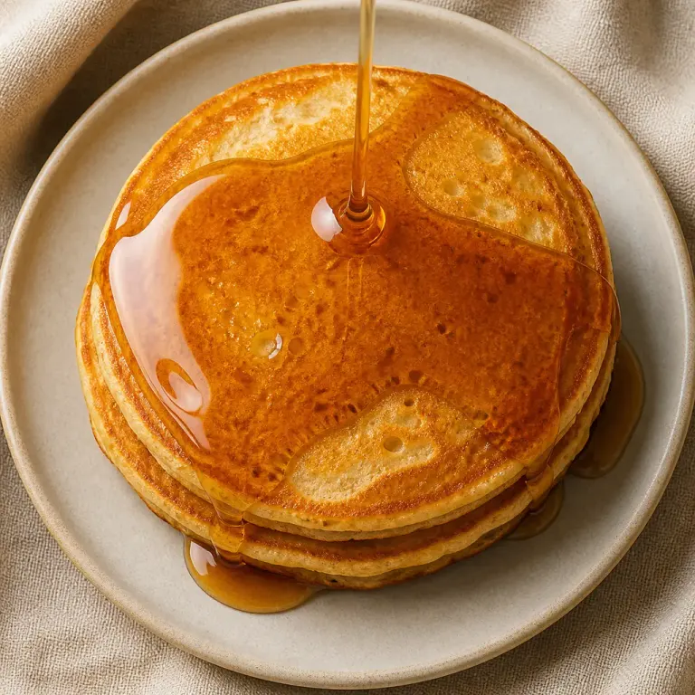 Macro overhead view of golden pancakes as glossy maple syrup flows across the textured surface on beige linen