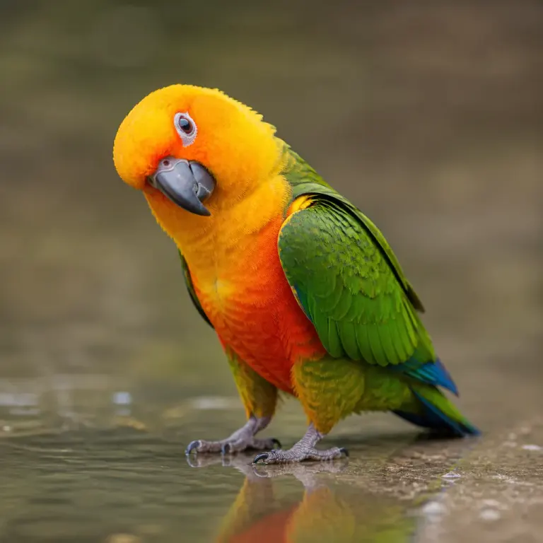 Colorful parrot tilting its head beside shallow water with a large eye catchlight and smooth telephoto bokeh