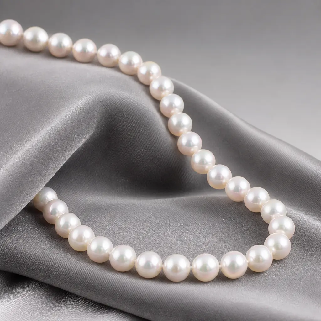 Iridescent pearl necklace arranged on draped gray silk against a gray gradient background