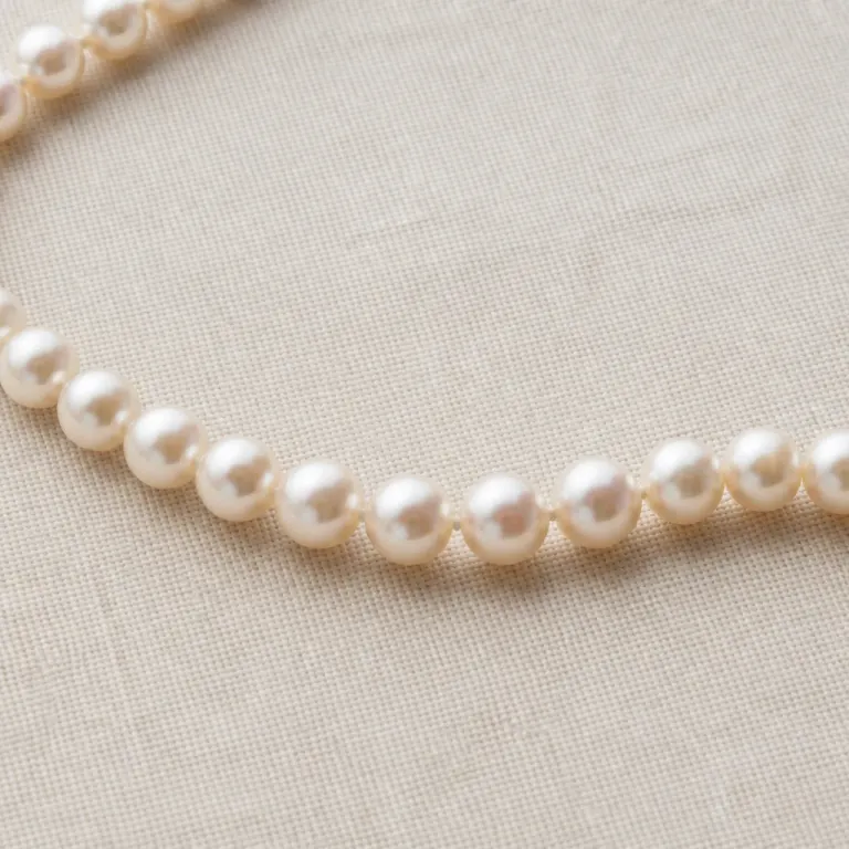 Single strand of cream pearls in a gentle S-curve on oatmeal linen with even overhead light