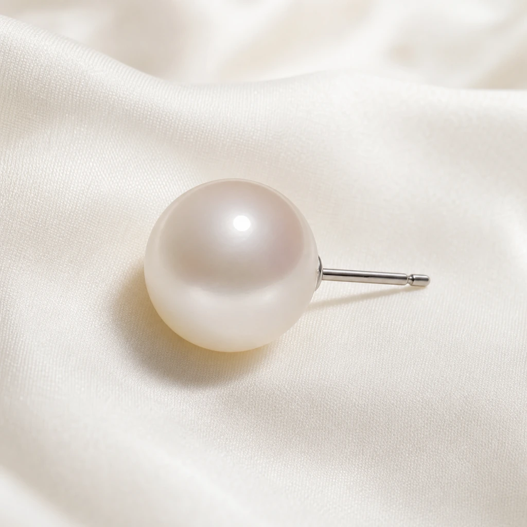 Extreme macro brightfield product photo of a single pearl stud earring on crumpled ivory silk