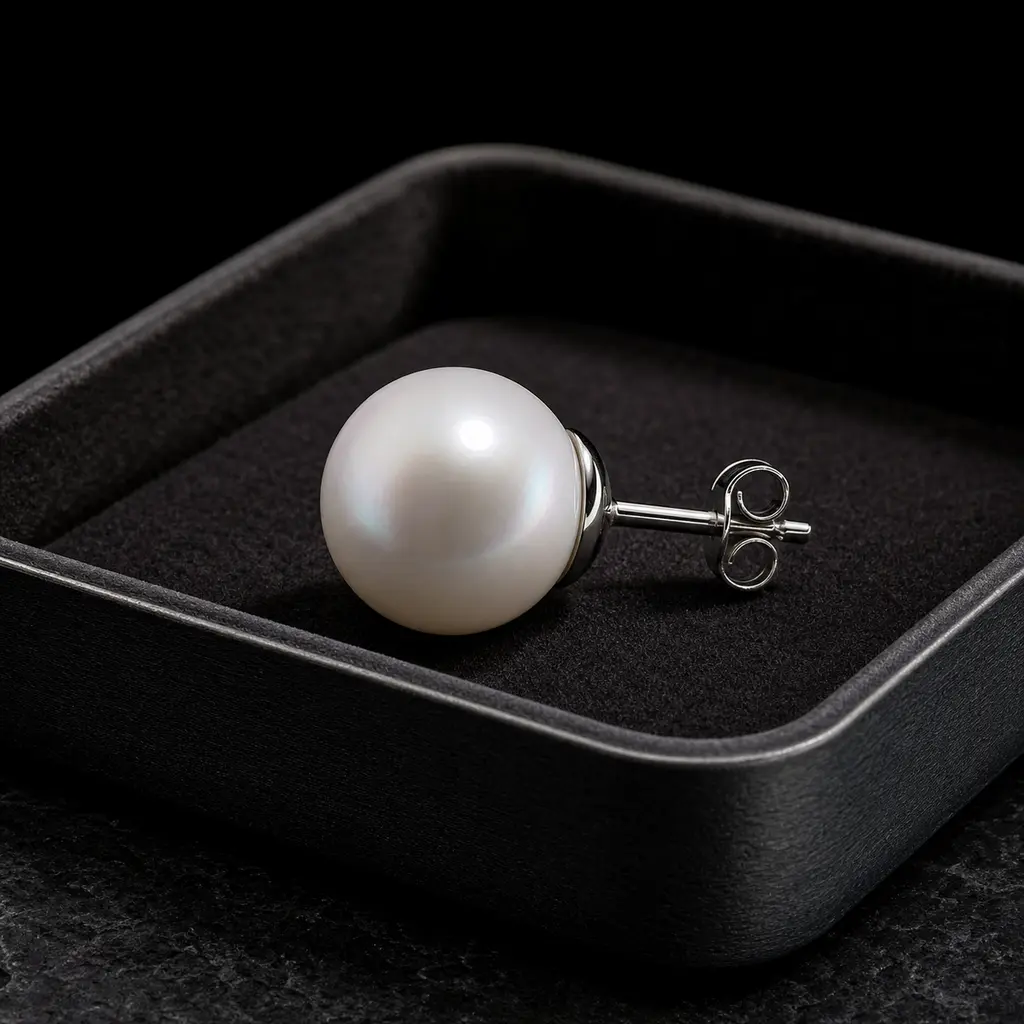 Single white pearl stud earring in a dark jewelry case on smooth stone with a pinpoint highlight and rim lighting