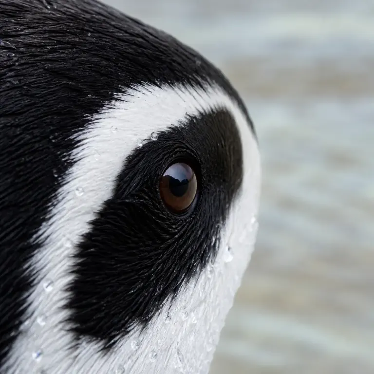 Extreme close-up of a penguin eye with a large catchlight and detailed wet black-and-white feathers by shallow water