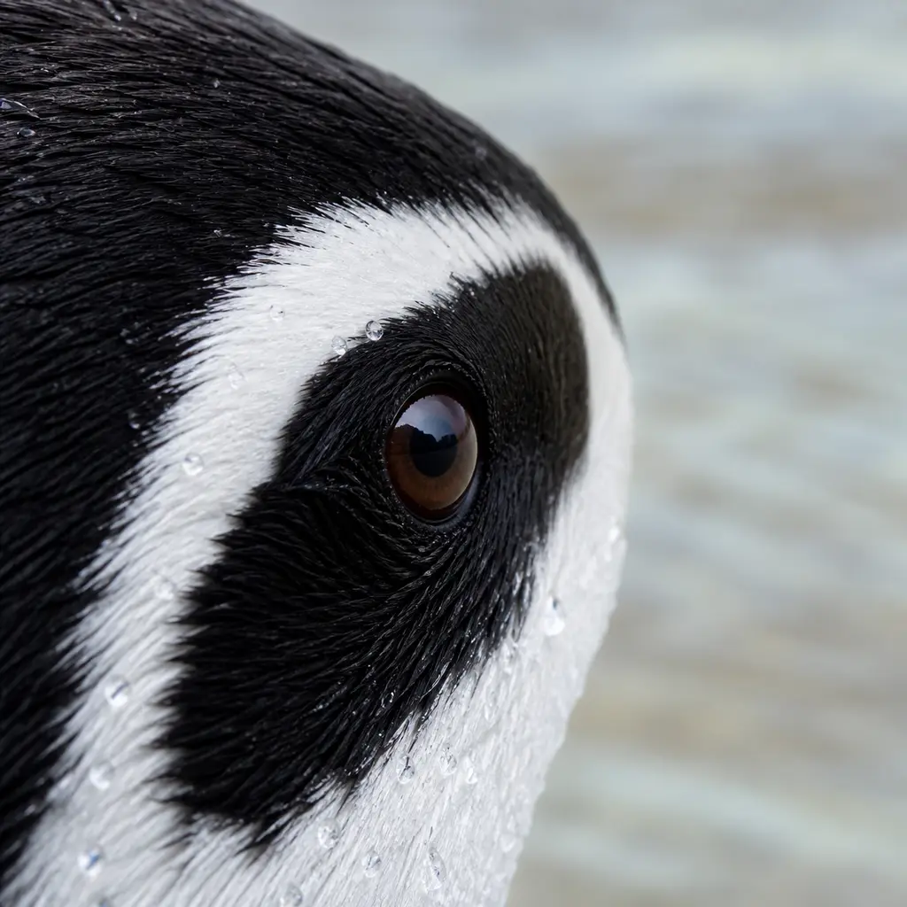 Extreme close-up of a penguin eye with a large catchlight and detailed wet black-and-white feathers by shallow water