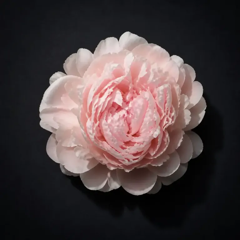 Fully opened pale blush double peony under a hard spotlight on a dark matte background, photographed top-down