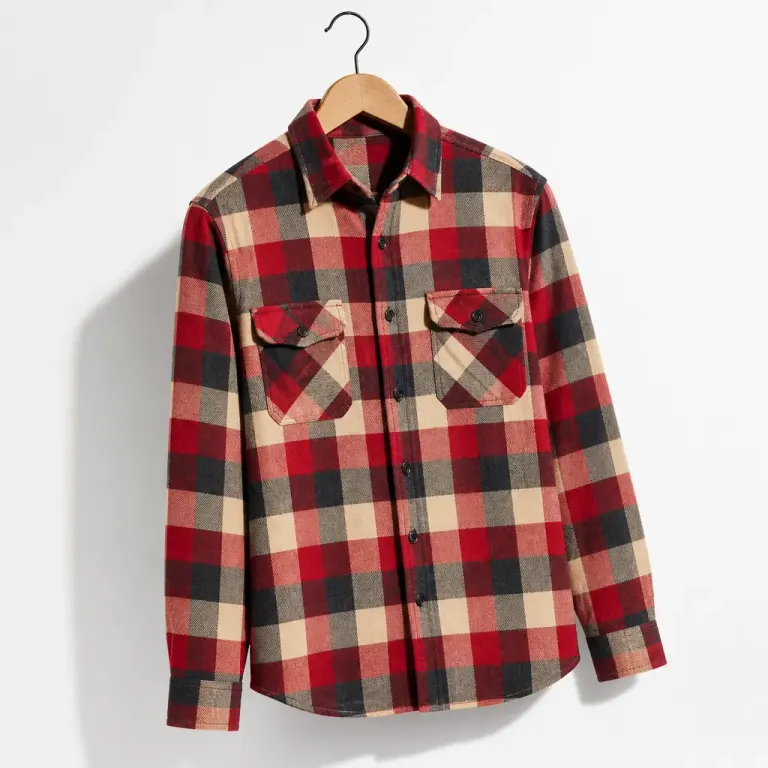 Red charcoal and cream plaid flannel shirt hanging at a slight angle under a hard studio spot