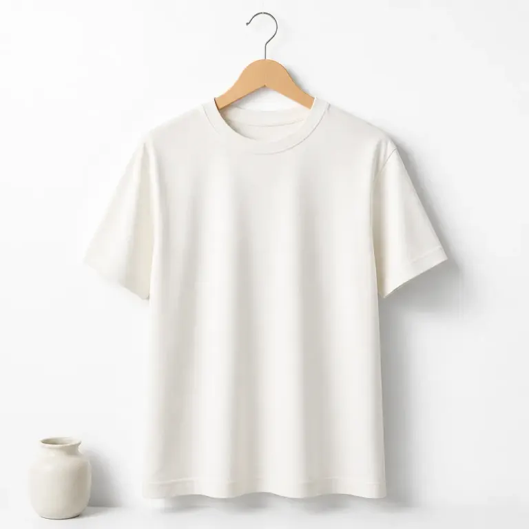 Warm-white plain cotton T-shirt hanging against a white seamless background in diffused window light