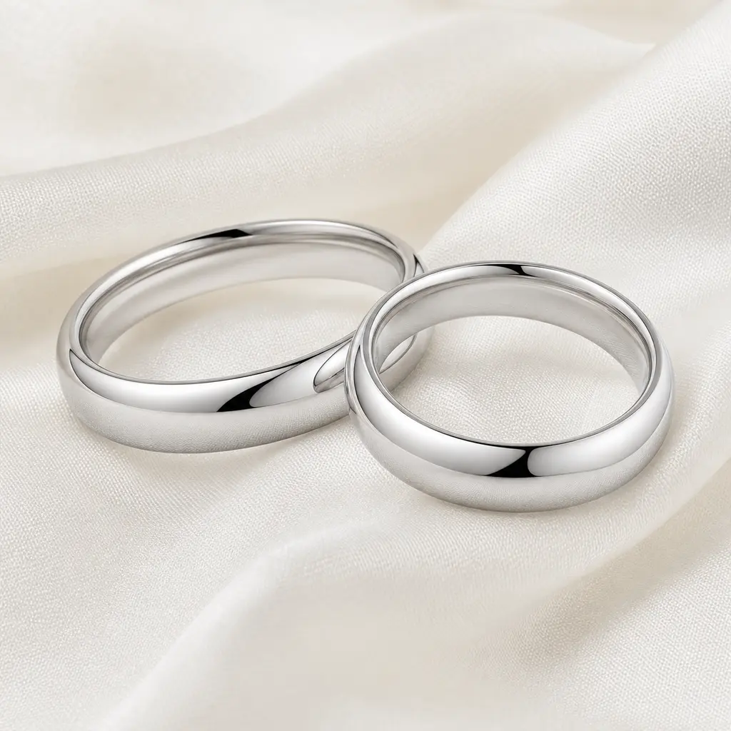 Pair of polished platinum wedding bands on crumpled ivory silk under soft diffusion dome lighting